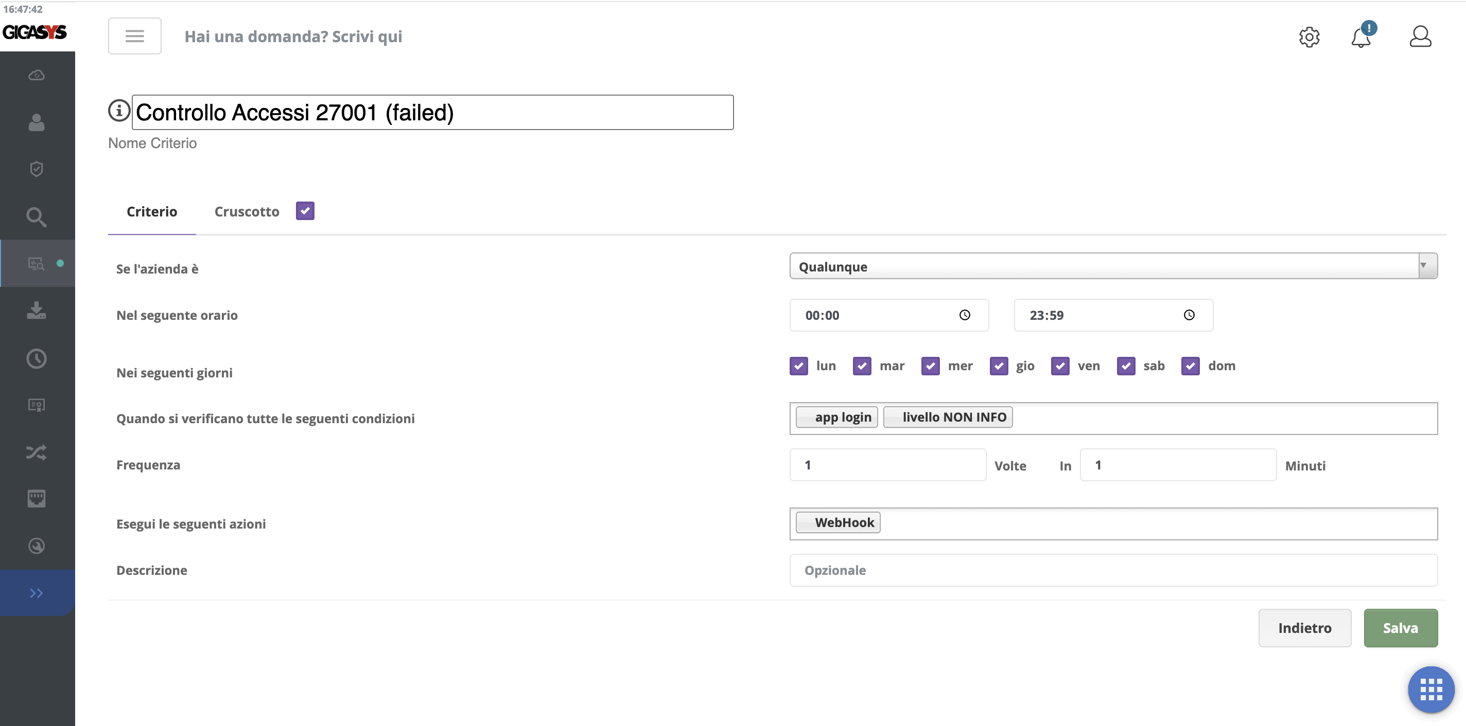 Configurazione regola Cyber Intelligence con condizioni evento