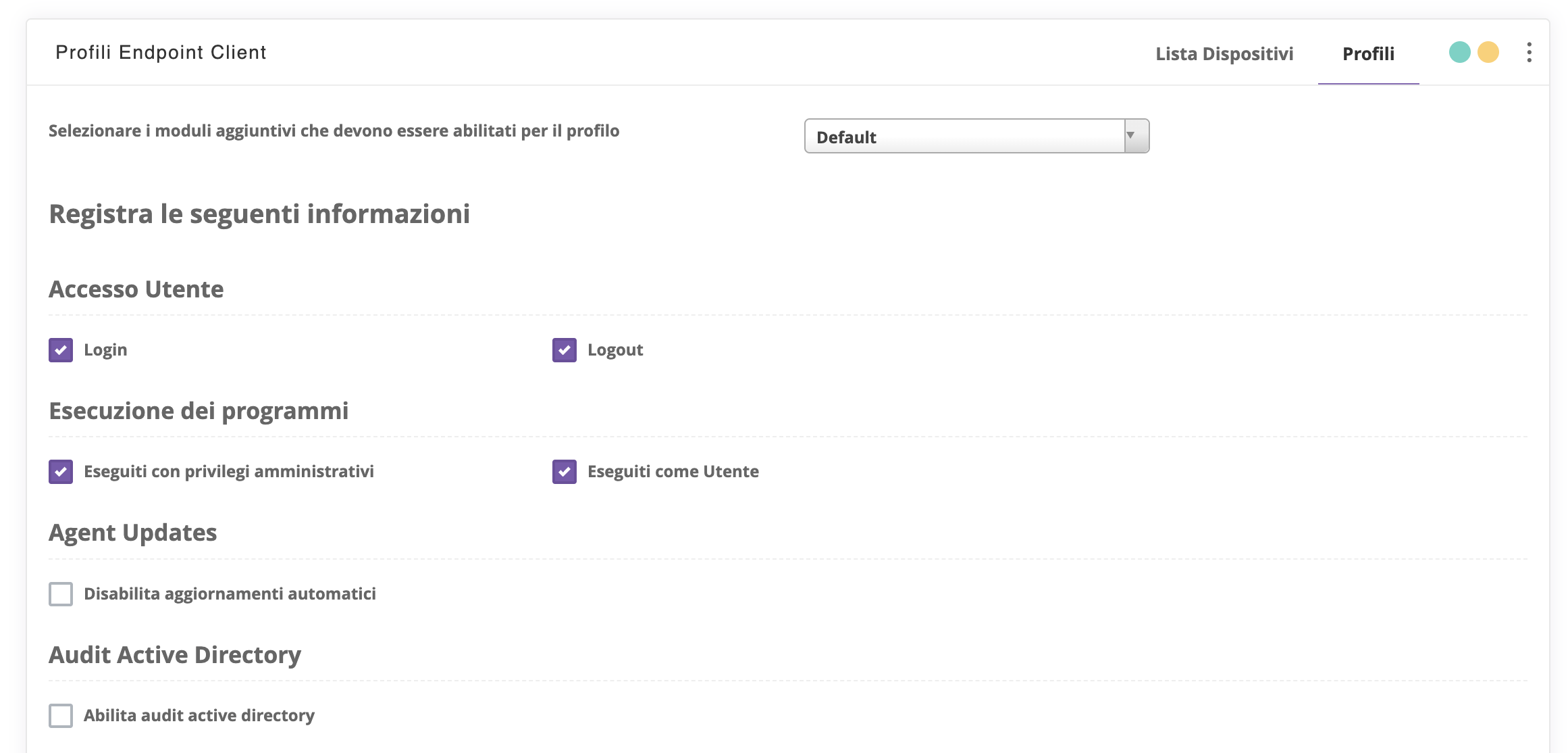 Configurazione opzioni agent schermata uno