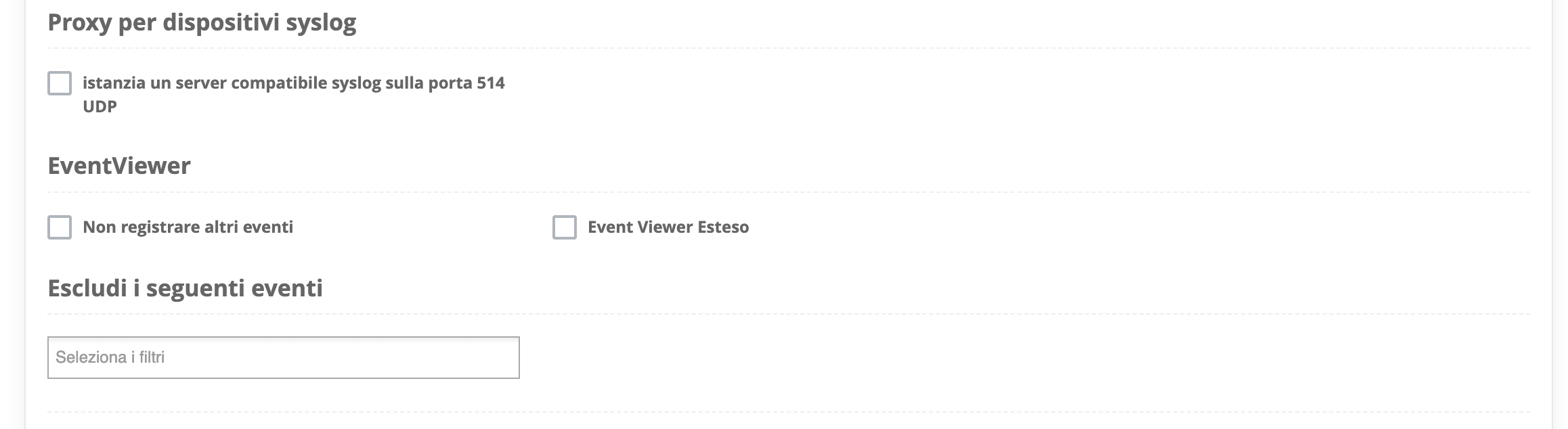 Configurazione opzioni agent schermata tre